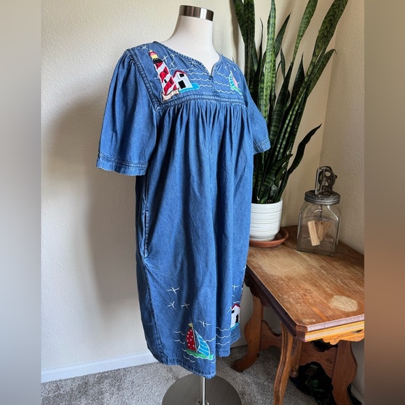 Vintage Denim Dress Nautical Embroidery Pockets Coastal Grandma L - Picture 9 of 10